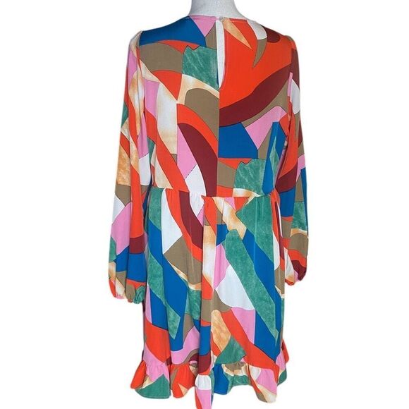 Jodifl Womens Multicolor Abstract Long Sleeve Ruffle V-Neck Midi Dress Small - Picture 2 of 4